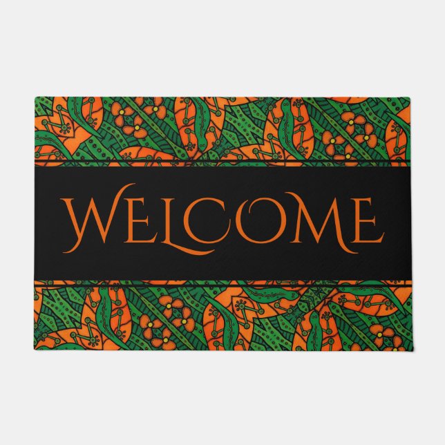 大きいオレンジ緑のヤモリのトカゲパターン歓迎 ドアマット (正面)