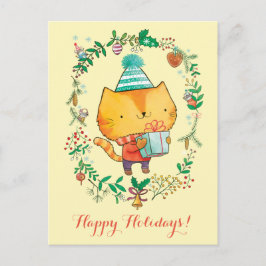 大きいギフト用の箱の郵便はがきを持つかわいいクリスマス猫 シーズンポストカード