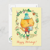 大きいギフト用の箱の郵便はがきを持つかわいいクリスマス猫 シーズンポストカード (正面/裏面)