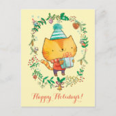 大きいギフト用の箱の郵便はがきを持つかわいいクリスマス猫 シーズンポストカード (正面)