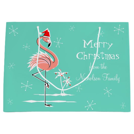 大きいクリスマスのフラミンゴのメリークリスマスの文字 ラージペーパーバッグ (正面)