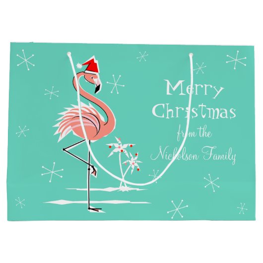 大きいクリスマスのフラミンゴのメリークリスマスの文字 ラージペーパーバッグ (裏面)