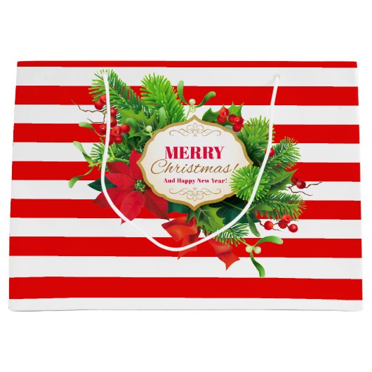 大きいクリスマスの赤くストライプのなギフトバッグ- ラージペーパーバッグ (正面)