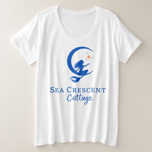 大きいサイズ レディース 半袖Tシャツ 海 三日月 コテージ プラスサイズTシャツ (デザイン正面)