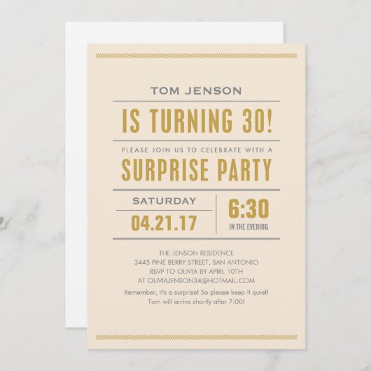 大きいタイプ第30誕生日の驚きのパーティの招待状 招待状 (正面/裏面)