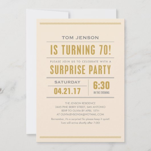 大きいタイプ第70誕生日の驚きのパーティの招待状 招待状 (正面)
