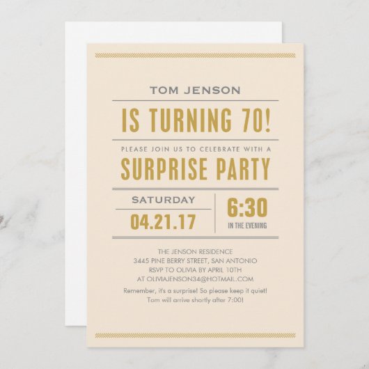 大きいタイプ第70誕生日の驚きのパーティの招待状 招待状 (正面/裏面)