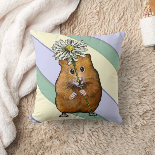 大きいデイジーの花を持つかわいいハムスターは、芸術縞で飾ります クッション (ブランケット)
