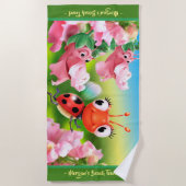 大きいビーチタオルのてんとう虫の花園。緑の端 ビーチタオル (正面)