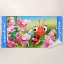 大きいビーチタオルのてんとう虫の花園。 青い端 ビーチタオル