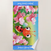 大きいビーチタオルのてんとう虫の花園。 青い端 ビーチタオル (正面)