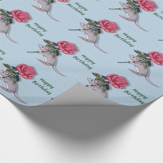 大きいピンクのバラを握っているマウス: イラストレーション ラッピングペーパー (角)