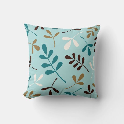 大きい分類された葉のティール(緑がかった色)のクリーム色の金ゴールドブラウン クッション (正面)