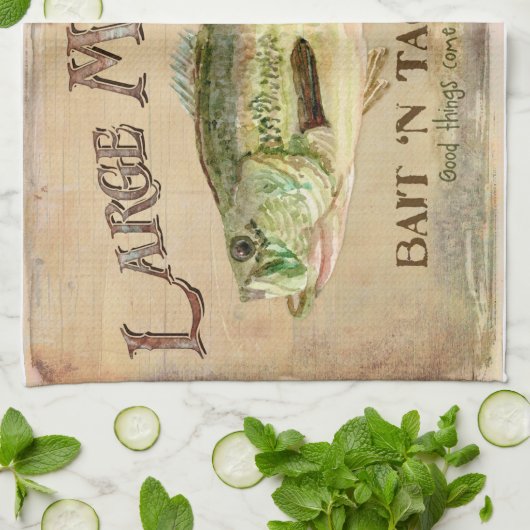 大きい口の低音のfishing湖の小屋の装飾の青 キッチンタオル (折り畳み)