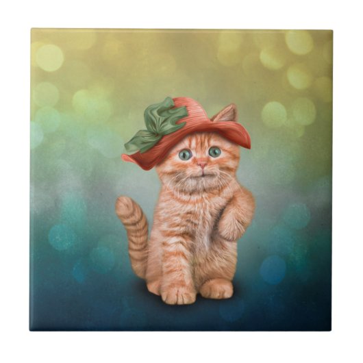 大きい帽子の小さくおもしろいでストライプのな子ネコ タイル (正面)