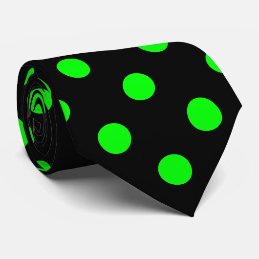大きい水玉模様-黒の電気緑 ネクタイ (ロール)