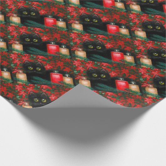 大きい注目されたクリスマス猫のポインセチアCreationarts ラッピングペーパー (角)