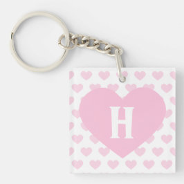 大きい淡いピンクのハート-モノグラム キーホルダー