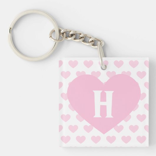 大きい淡いピンクのハート-モノグラム キーホルダー (正面)