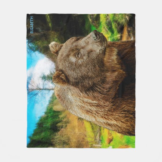 大きい灰色グマおよび美しい山の景色 フリースブランケット (正面)