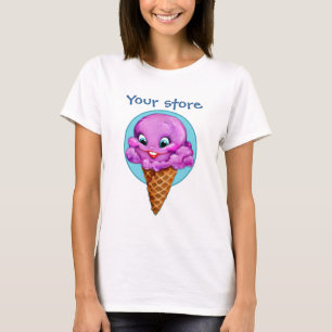 大きい目が付いているかわいい紫色のラズベリーのアイスクリームコーン Tシャツ