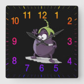 大きい目の緑の毛2を搭載する漫画のナス スクエア壁時計 (正面)