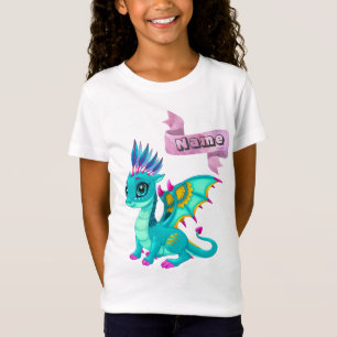 大きい目の青いドラゴンが付いている女の子のTシャツ Tシャツ