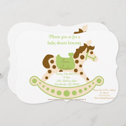 大きい緑の揺り木馬のベビーシャワー 招待状 (正面/裏面)