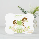 大きい緑の揺り木馬のベビーシャワー 招待状 (スタンド正面)
