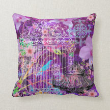大きい装飾用クッション、バイオレット、ヴィンテージの鳥籠
