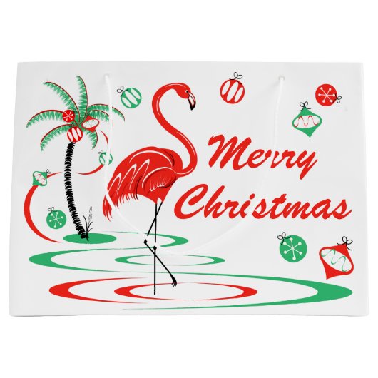 大きい赤いクリスマスのフラミンゴのメリークリスマス ラージペーパーバッグ (正面)