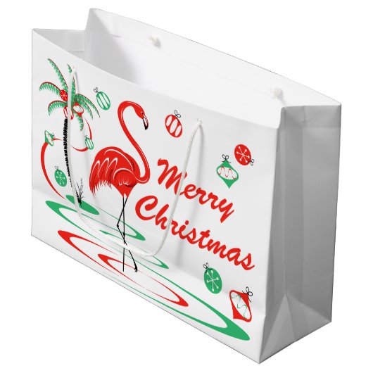 大きい赤いクリスマスのフラミンゴのメリークリスマス ラージペーパーバッグ (正面アングル)