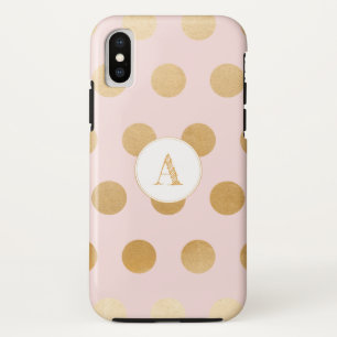 大きい金ゴールドの水玉模様との赤面のピンク、モノグラム iPhone X ケース