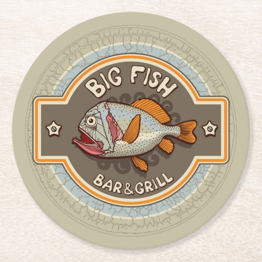 大きい魚のバー兼グリルポスター ラウンドペーパーコースター (正面)
