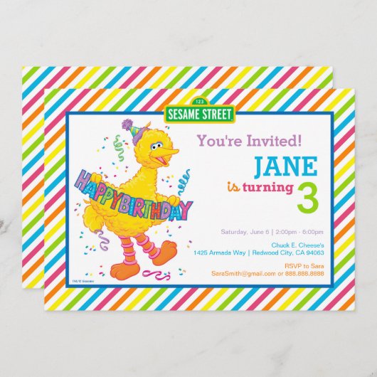 大きい鳥のストライプのな誕生日 招待状 (正面/裏面)