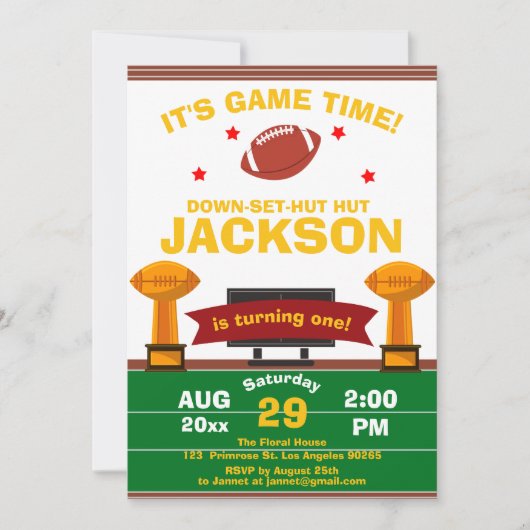 大きい1つのフットボールのスポーツのゲーム分野の男の子の誕生日 招待状 (正面)