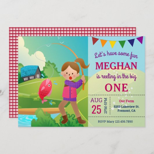 大きい1つの採取のテーマの女の子の第1誕生会 招待状 (正面/裏面)