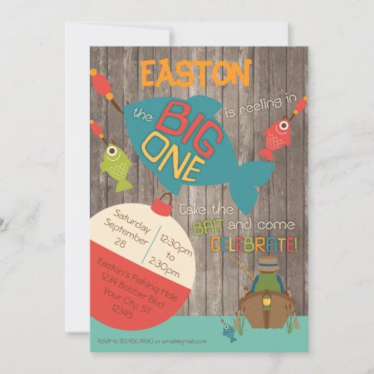 大きい1つ-魚釣りの最初誕生日の招待状 招待状 (正面)