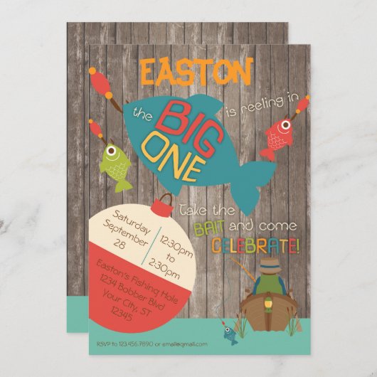 大きい1つ-魚釣りの最初誕生日の招待状 招待状 (正面/裏面)