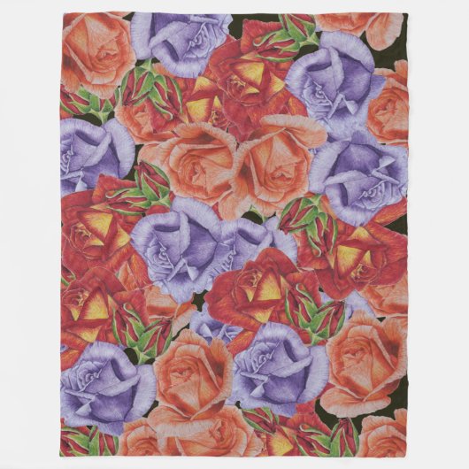 大きくてカラフルのはっきりしたバラの花模様フローラ フリースブランケット (正面)