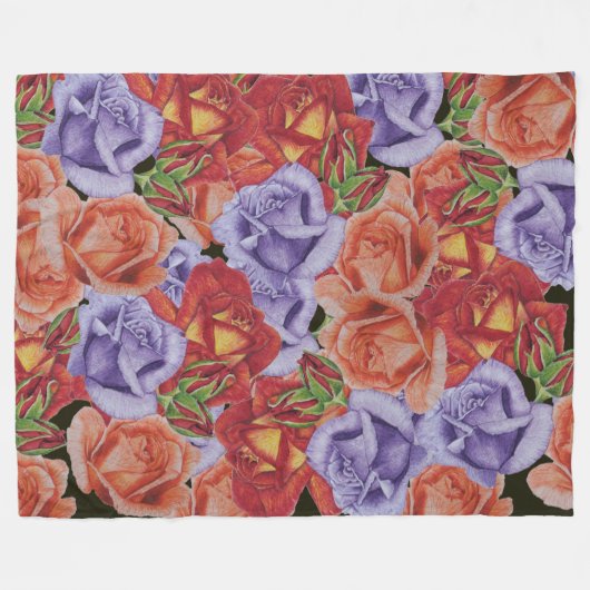 大きくてカラフルのはっきりしたバラの花模様フローラ フリースブランケット (正面(横))