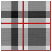 大きくモダンな格子縞、黒、白、灰色および赤 ファブリック (クローズアップ)