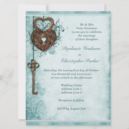 大きくロマンチックなハートロックおよび鍵のティール(緑がかった色)の結婚式 招待状 (裏面)