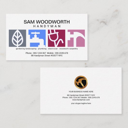 大きく創造的でモダンな便利屋の表記のロゴ 名刺 (正面/裏面)