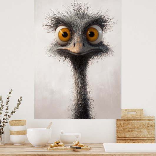 大きく見開いた目のダチョウ漫画ポートレート ポスター (キッチン)
