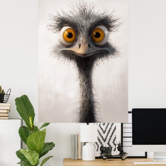 大きく見開いた目のダチョウ漫画ポートレート ポスター (ホームオフィス)