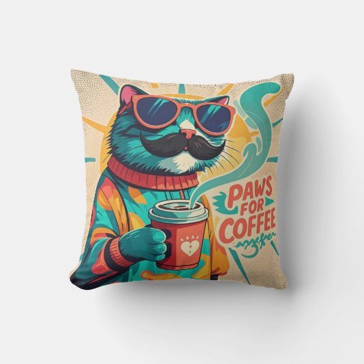 大きすぎるサングラスを着て、コーヒーを持っている猫 クッション (正面)