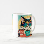 大きすぎるサングラスを着て、コーヒーを持っている猫 コーヒーマグカップ (正面右)