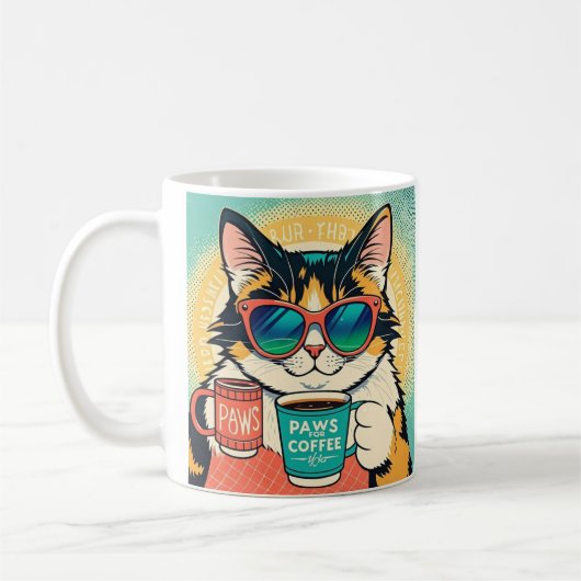 大きすぎるサングラスを着て、コーヒーを持っている猫 コーヒーマグカップ (左)