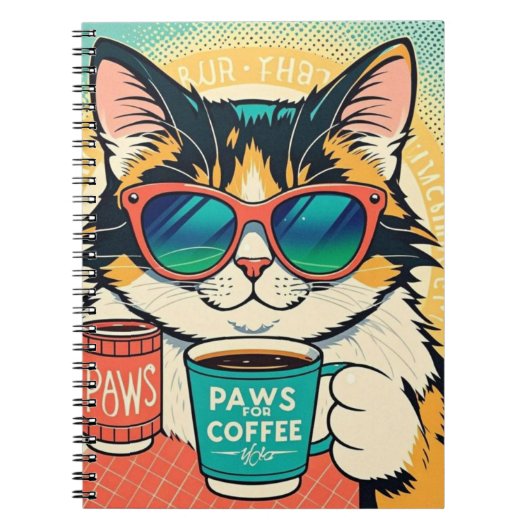 大きすぎるサングラスを着て、コーヒーを持っている猫 ノートブック (正面)
